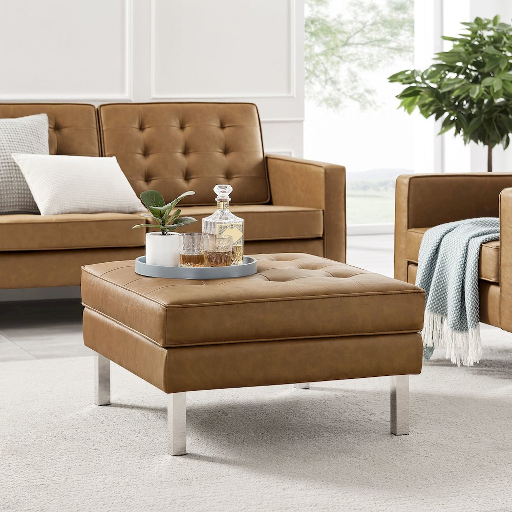 Loft Tufted Vegan Leather Ottoman. Picture 7