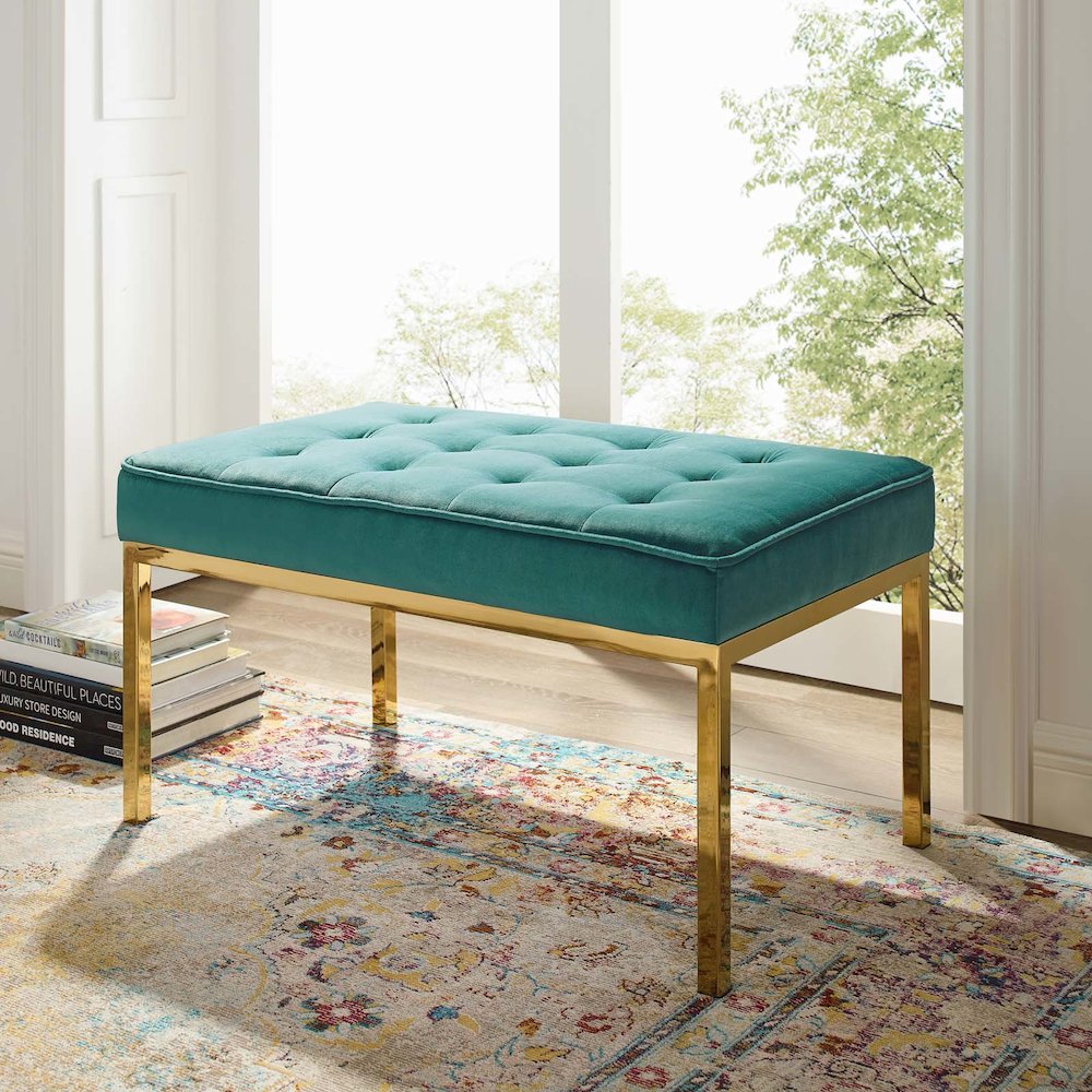Loft Gold Stainless Steel Leg Medium Performance Velvet Bench. Picture 4