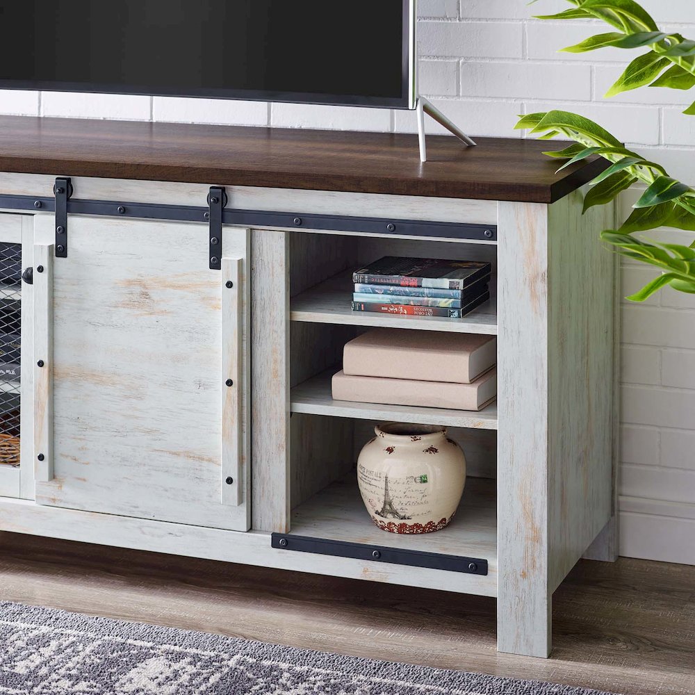 Bennington 71" Rustic Sliding Door TV Stand. Picture 6