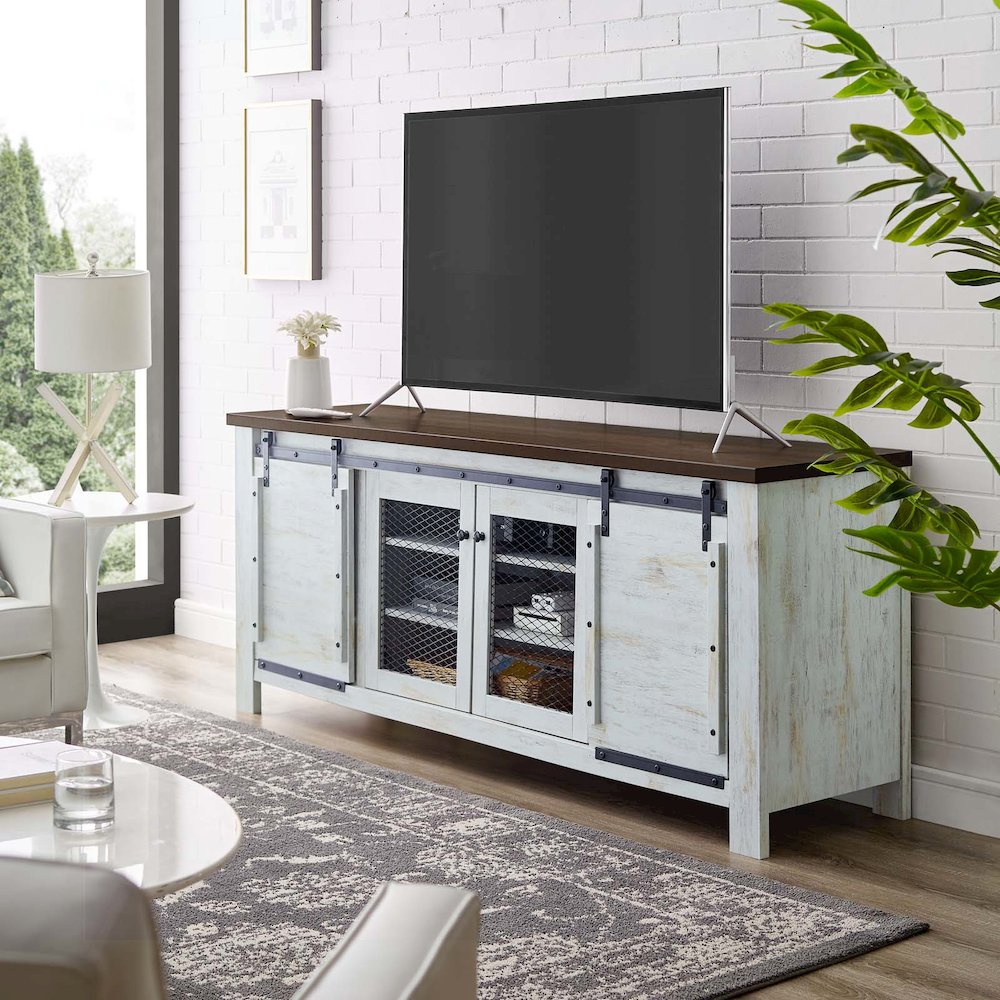 Bennington 71" Rustic Sliding Door TV Stand. Picture 5