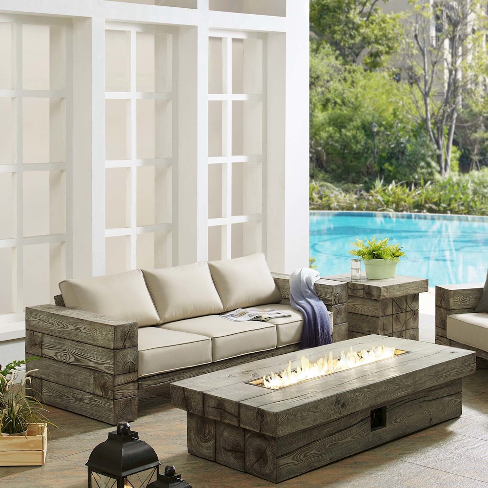 Manteo Rustic Coastal Outdoor Patio Sunbrella Sofa and Fire Pit Set. Picture 10