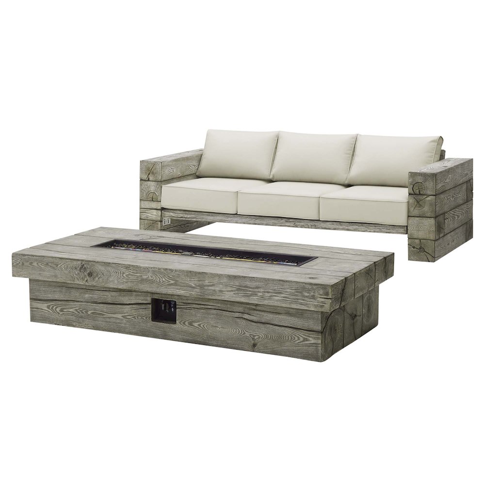Manteo Rustic Coastal Outdoor Patio Sunbrella Sofa and Fire Pit Set. Picture 1