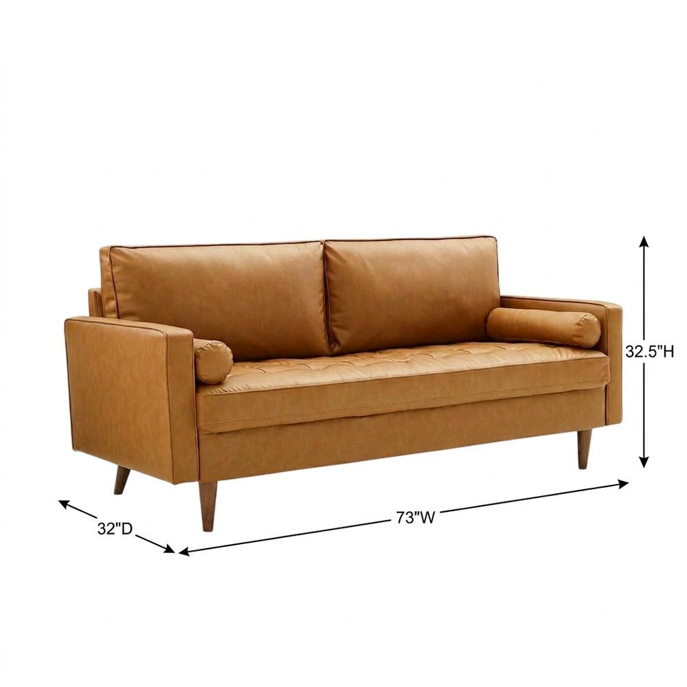Tufted Vegan Leather Sofa with Track Arms for Living Room, Tan. Picture 5