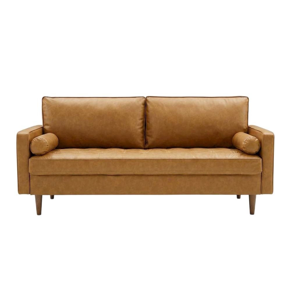Tufted Vegan Leather Sofa with Track Arms for Living Room, Tan. Picture 1