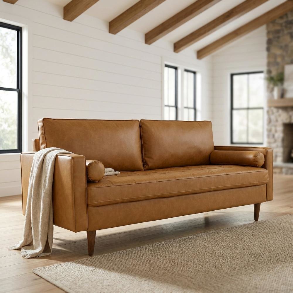 Tufted Vegan Leather Sofa with Track Arms for Living Room, Tan. Picture 2