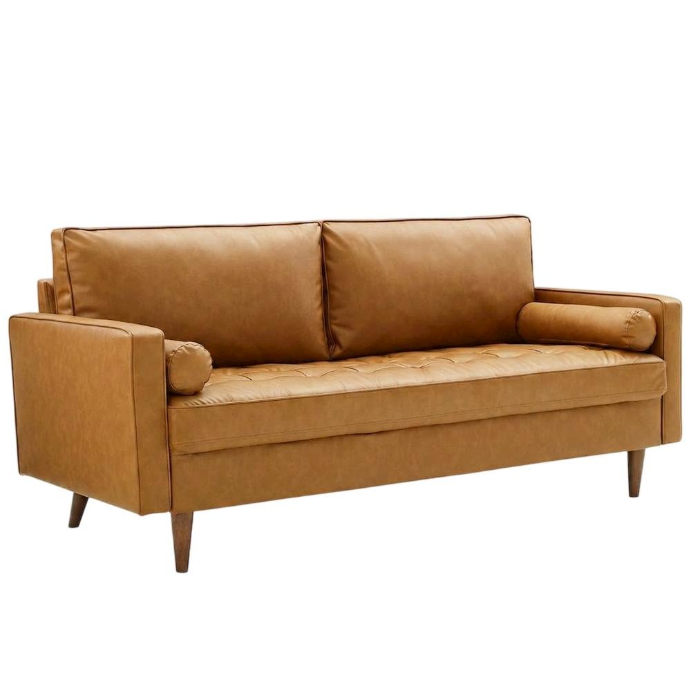 Tufted Vegan Leather Sofa with Track Arms for Living Room, Tan. Picture 4