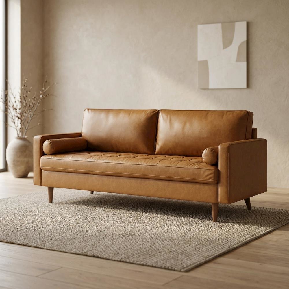Tufted Vegan Leather Sofa with Track Arms for Living Room, Tan. Picture 3