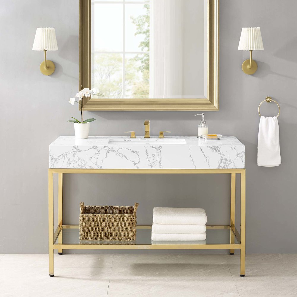 Kingsley 50" Gold Stainless Steel Bathroom Vanity. Picture 9
