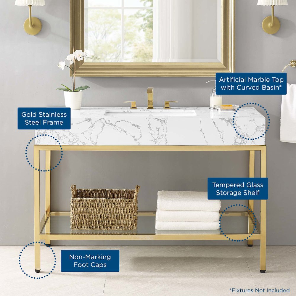 Kingsley 50" Gold Stainless Steel Bathroom Vanity. Picture 2