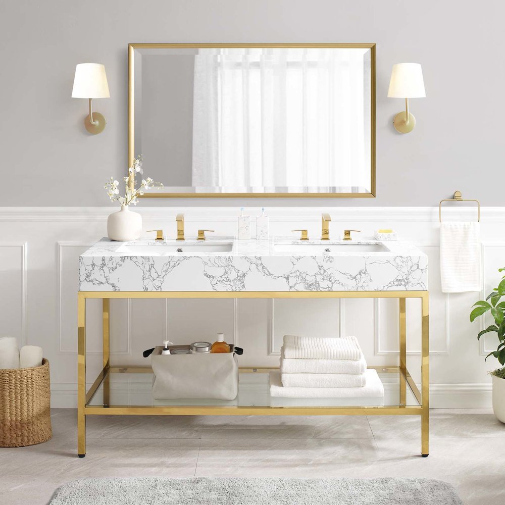 Kingsley 60" Gold Stainless Steel Bathroom Vanity. Picture 8