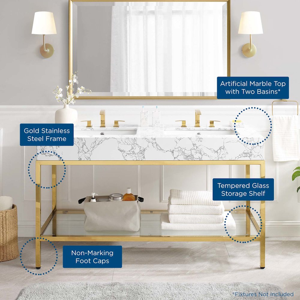 Kingsley 60" Gold Stainless Steel Bathroom Vanity. Picture 9