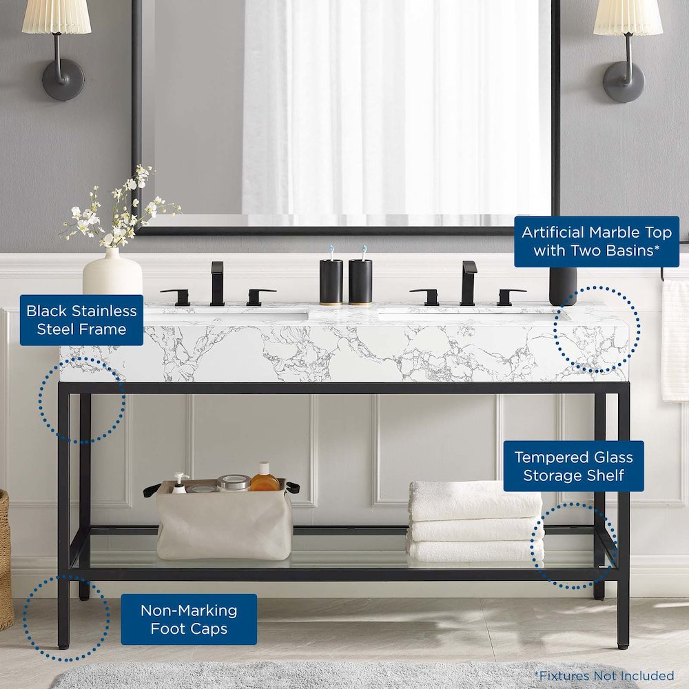 Kingsley 60" Black Stainless Steel Bathroom Vanity. Picture 9