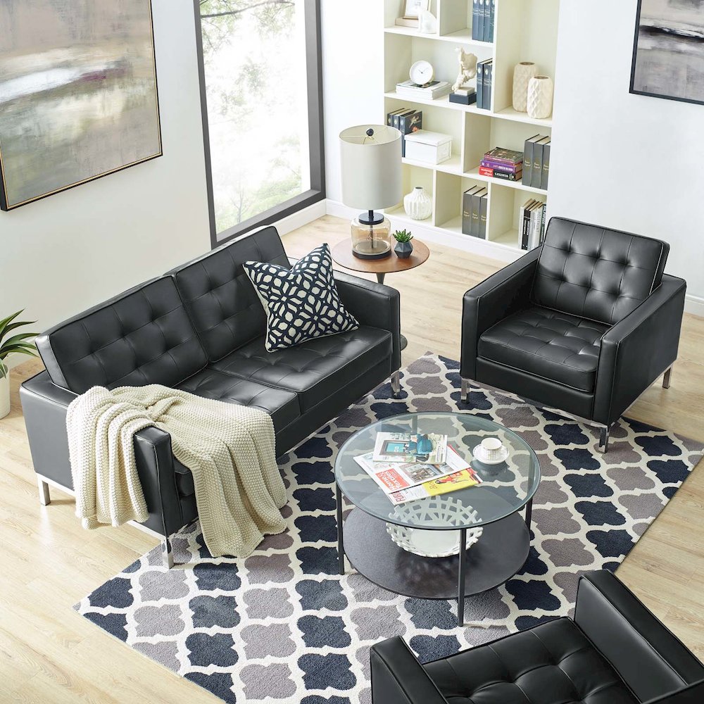 Loft Tufted Upholstered Faux Leather Loveseat and Armchair Set. Picture 6