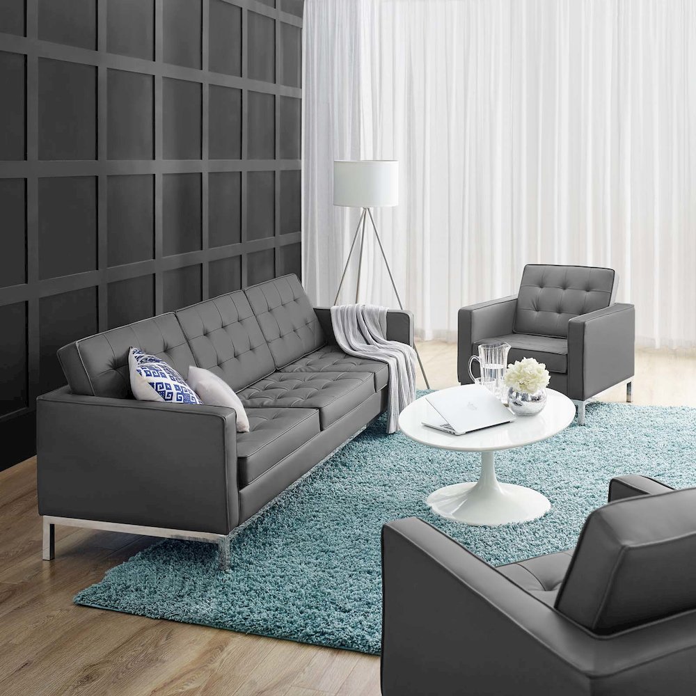 Loft Tufted Upholstered Faux Leather Sofa and Armchair Set. Picture 6