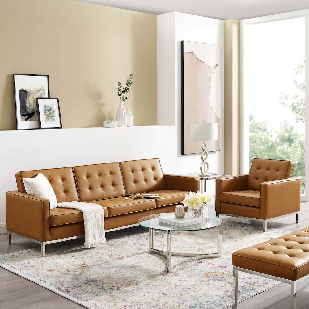 Loft Tufted Upholstered Faux Leather Sofa and Armchair Set. Picture 6