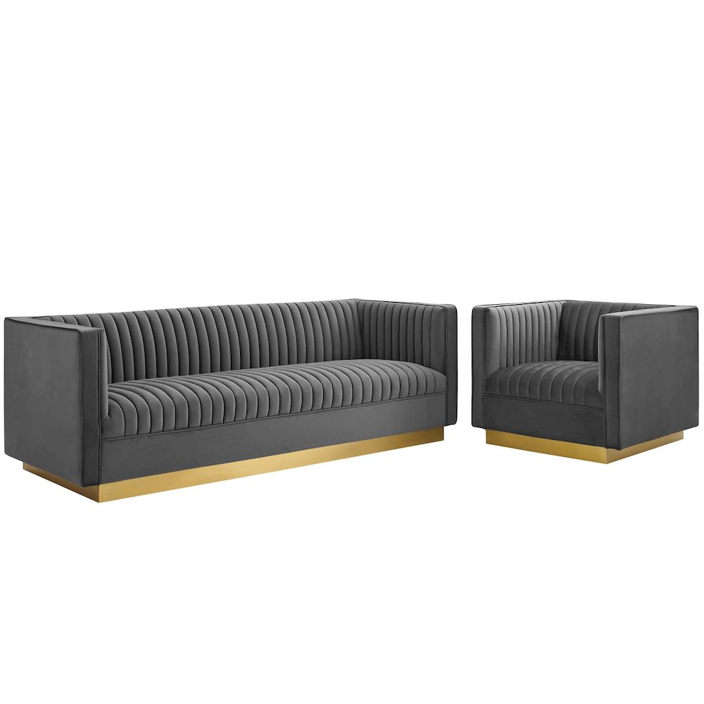 Vertical Channel Tufted Upholstered Performance Velvet Sofa and Armchair Set. Picture 1