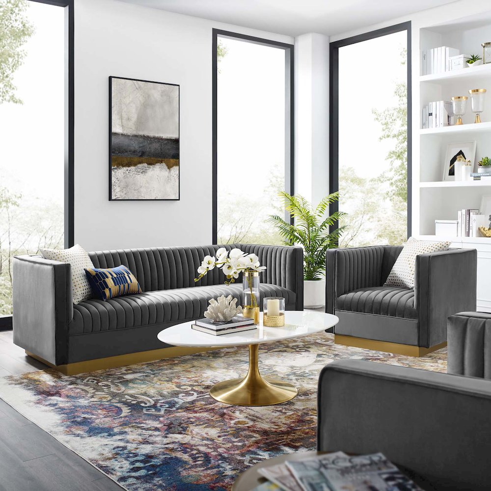 Vertical Channel Tufted Upholstered Performance Velvet Sofa and Armchair Set. Picture 6