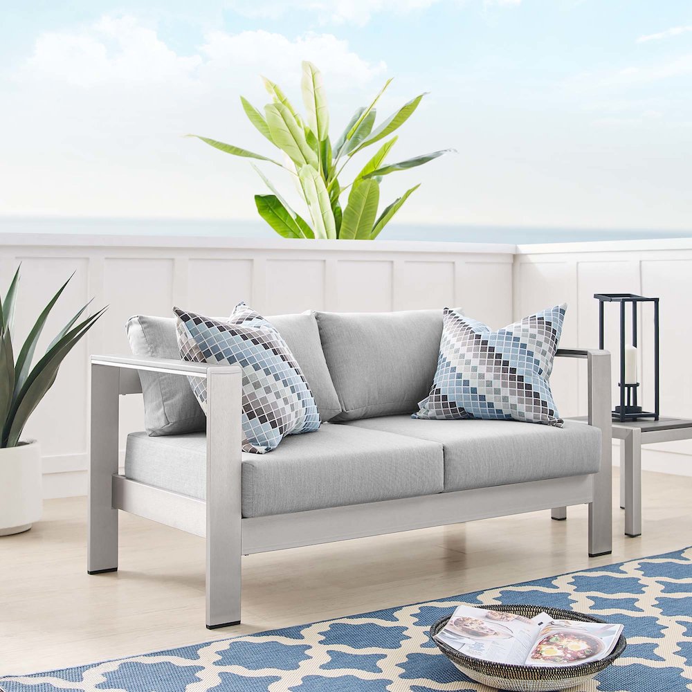 Shore Sunbrella Fabric Aluminum Outdoor Patio Loveseat. Picture 7