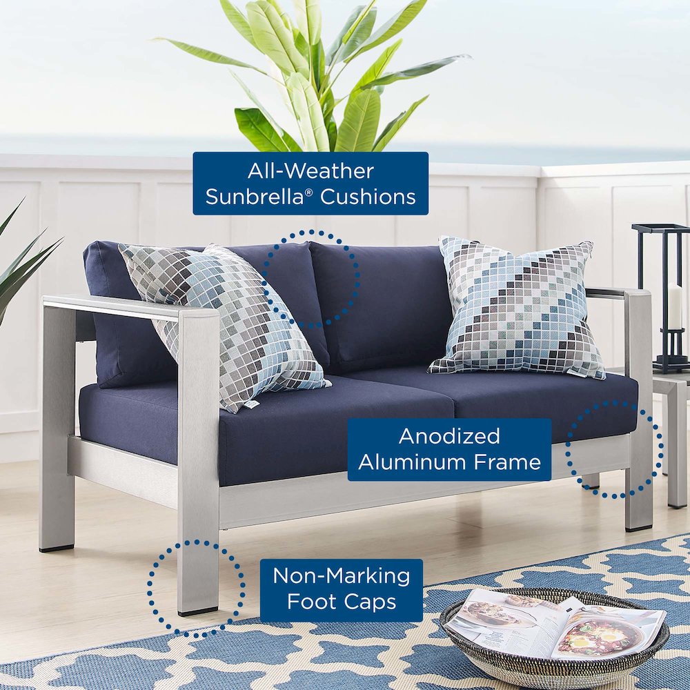 Shore Sunbrella Fabric Aluminum Outdoor Patio Loveseat. Picture 2