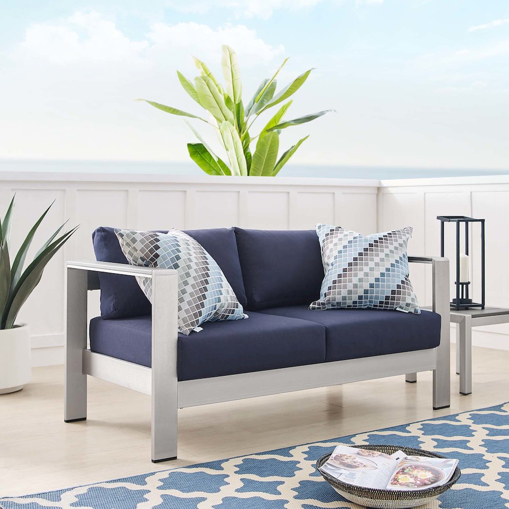 Shore Sunbrella Fabric Aluminum Outdoor Patio Loveseat. Picture 7