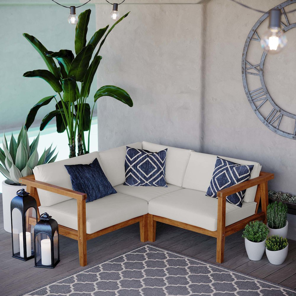 Bayport 3-Piece Outdoor Patio Teak Wood Sectional Sofa Set. Picture 12