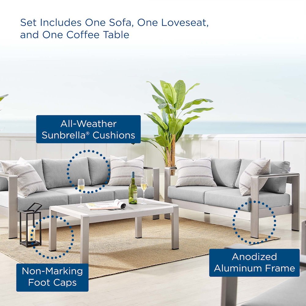 Shore 3 Piece Sunbrella Fabric Outdoor Patio Aluminum Set. Picture 13