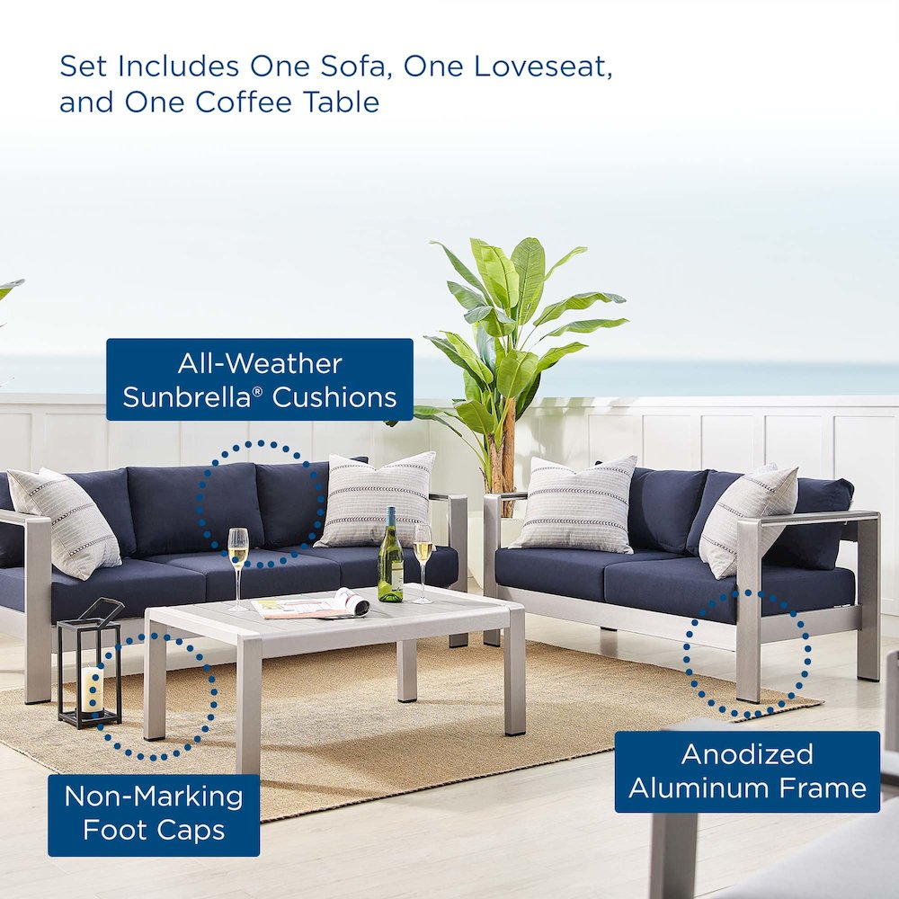 Shore 3 Piece Sunbrella Fabric Outdoor Patio Aluminum Set. Picture 13