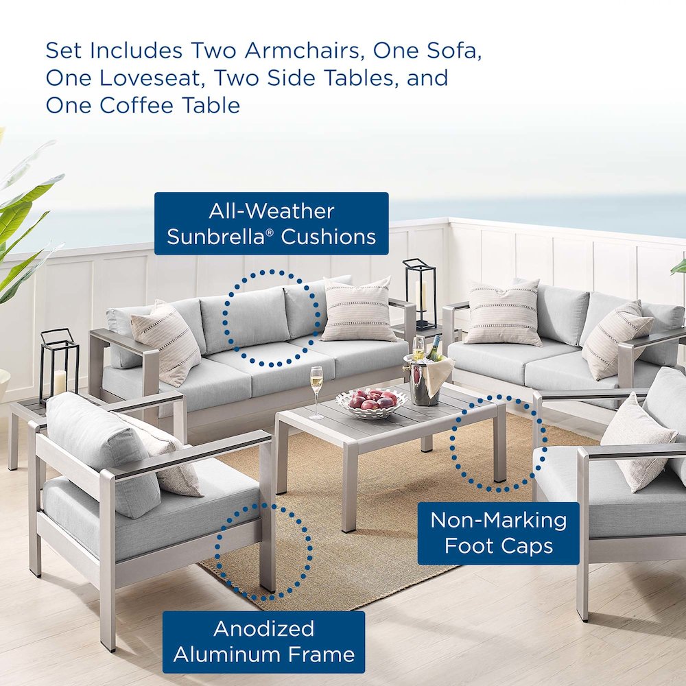 Shore 7 Piece Sunbrella Fabric Outdoor Patio Aluminum Set. Picture 17