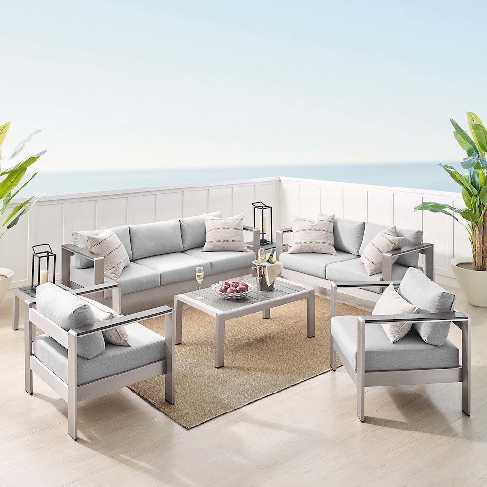 Shore 7 Piece Sunbrella Fabric Outdoor Patio Aluminum Set. Picture 16