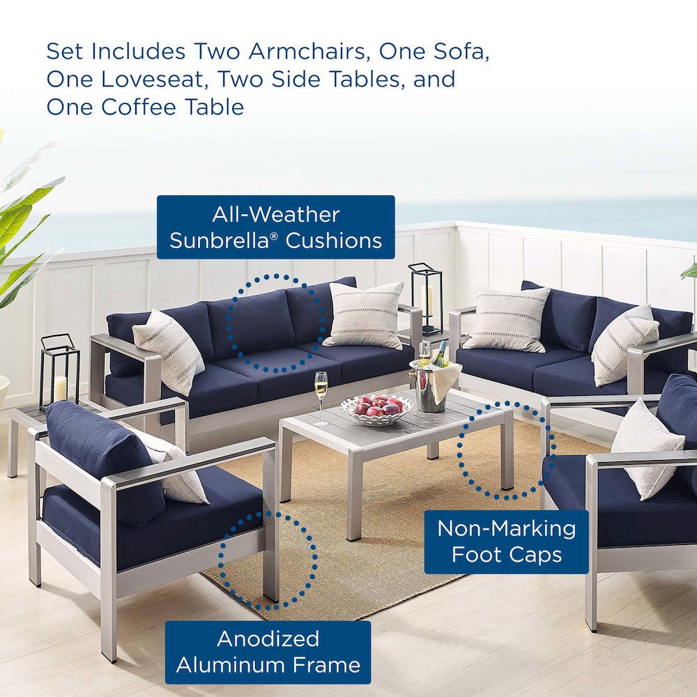 Shore 7 Piece Sunbrella Fabric Outdoor Patio Aluminum Set. Picture 16