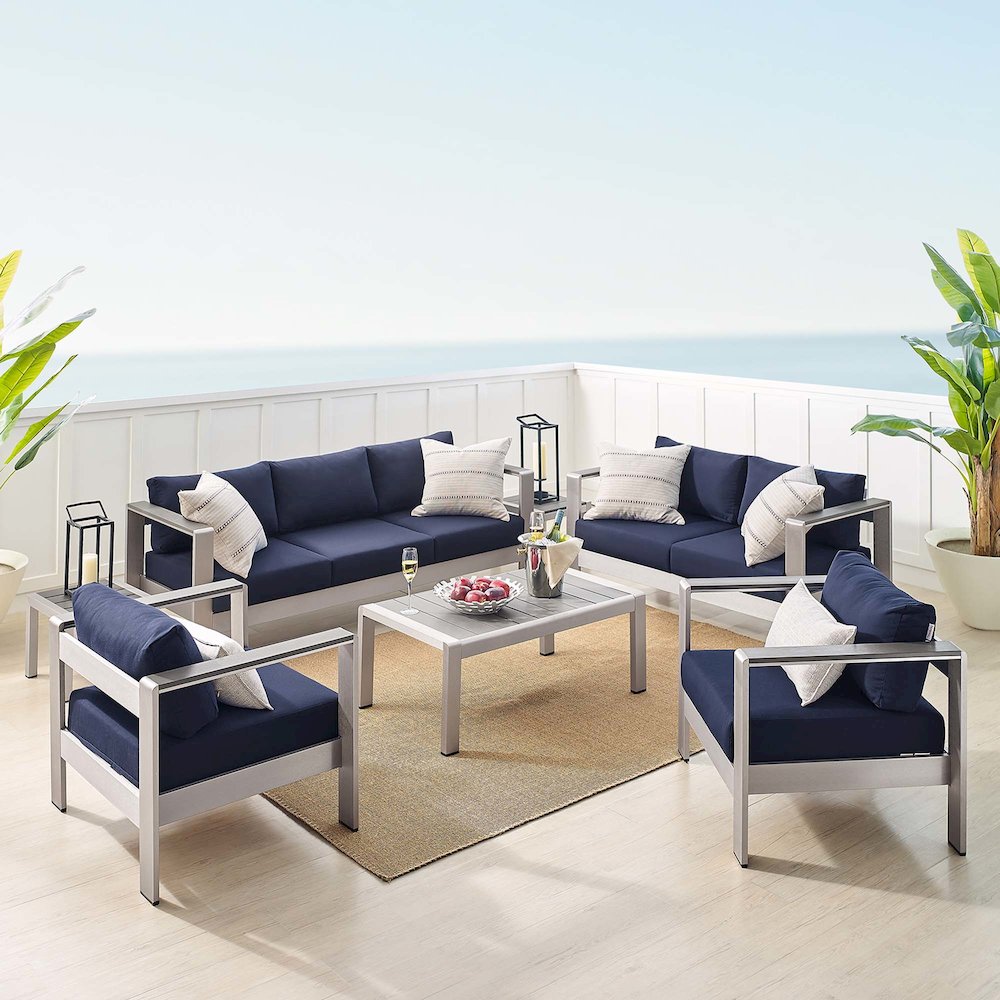 Shore 7 Piece Sunbrella Fabric Outdoor Patio Aluminum Set. Picture 15