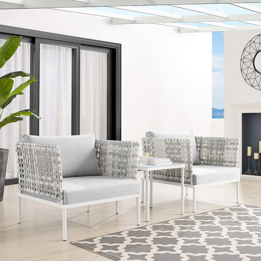 Harmony 3-Piece Sunbrella Basket Weave Outdoor Patio Aluminum Seating Set. Picture 8