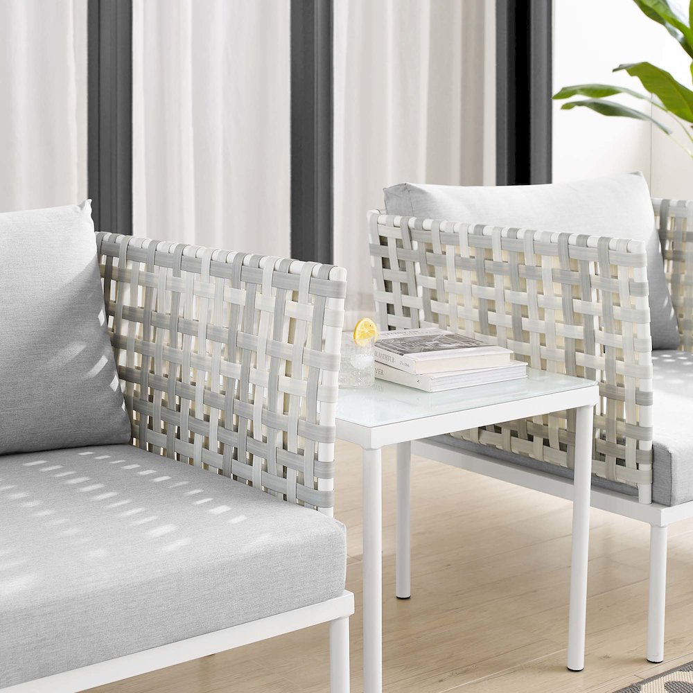 Harmony 3-Piece Sunbrella Basket Weave Outdoor Patio Aluminum Seating Set. Picture 10