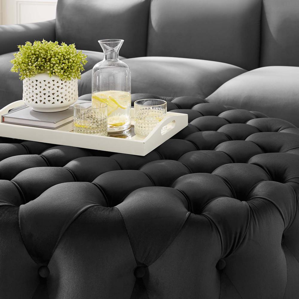 Amour Tufted Button Large Round Performance Velvet Ottoman. Picture 4