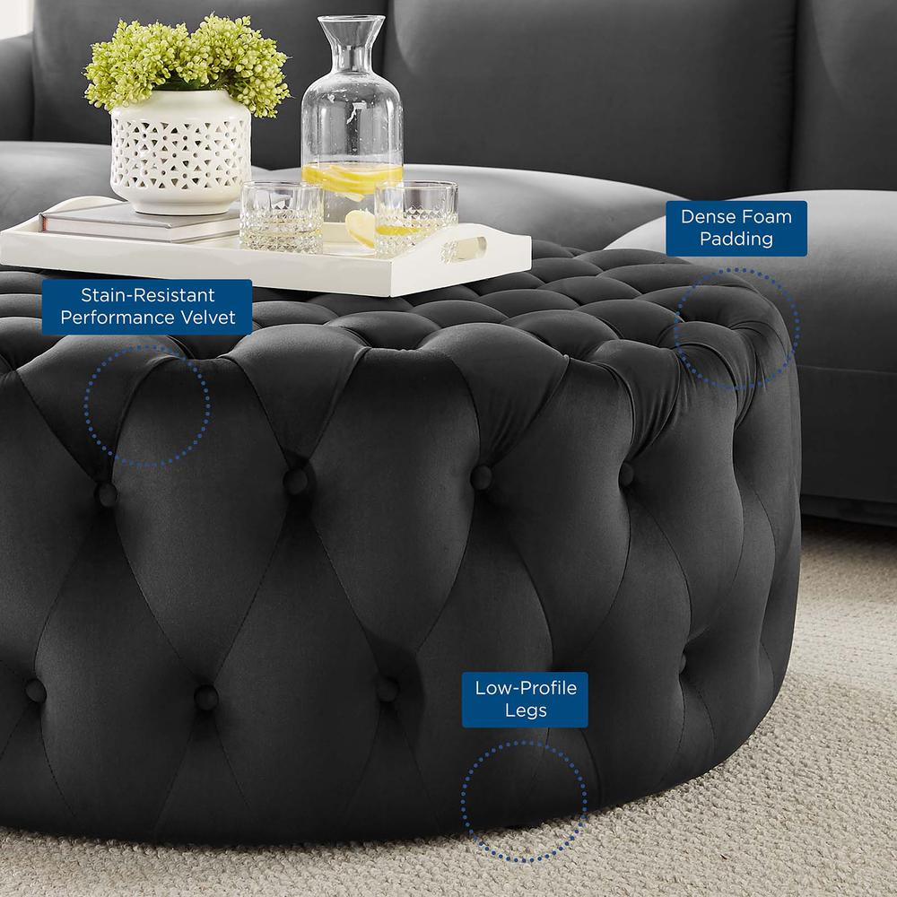 Amour Tufted Button Large Round Performance Velvet Ottoman. Picture 5