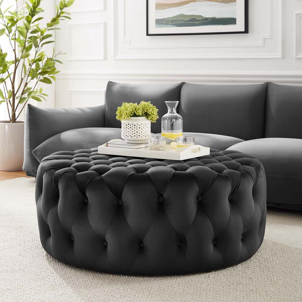 Amour Tufted Button Large Round Performance Velvet Ottoman. Picture 6