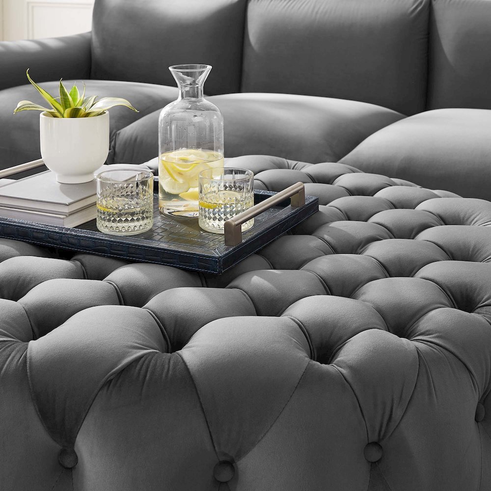Amour Tufted Button Large Round Performance Velvet Ottoman. Picture 6