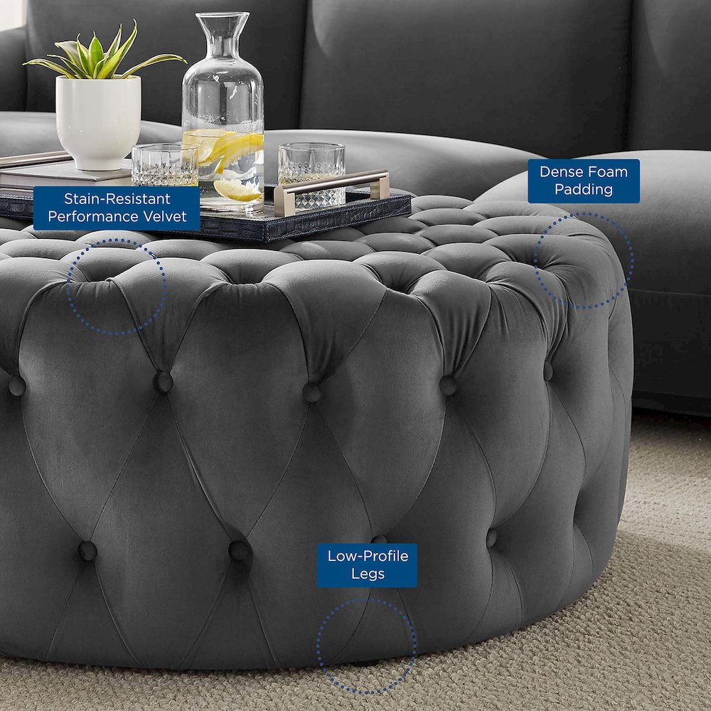 Amour Tufted Button Large Round Performance Velvet Ottoman. Picture 5