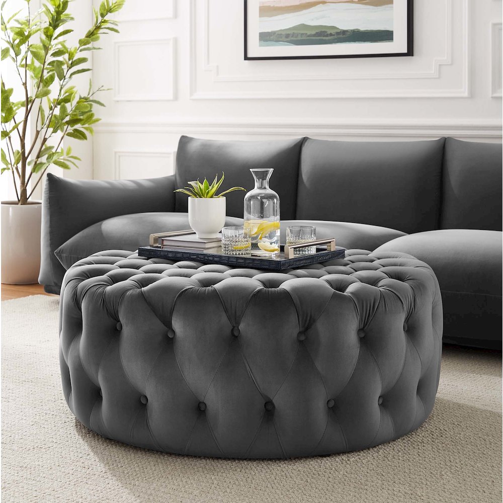 Amour Tufted Button Large Round Performance Velvet Ottoman. Picture 4