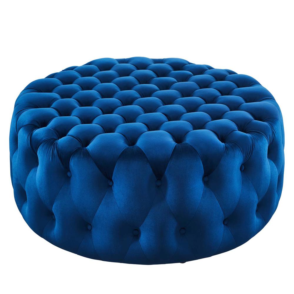 Amour Tufted Button Large Round Performance Velvet Ottoman. Picture 1