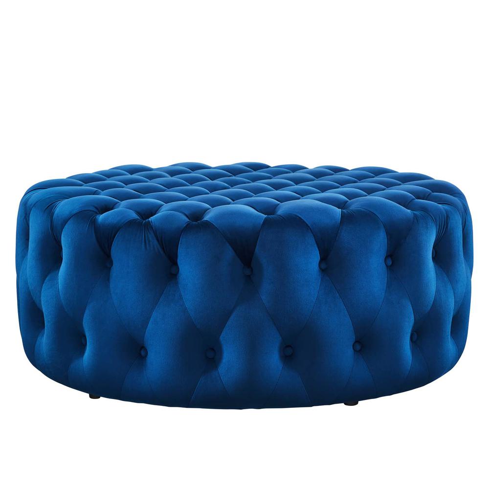 Amour Tufted Button Large Round Performance Velvet Ottoman. Picture 3