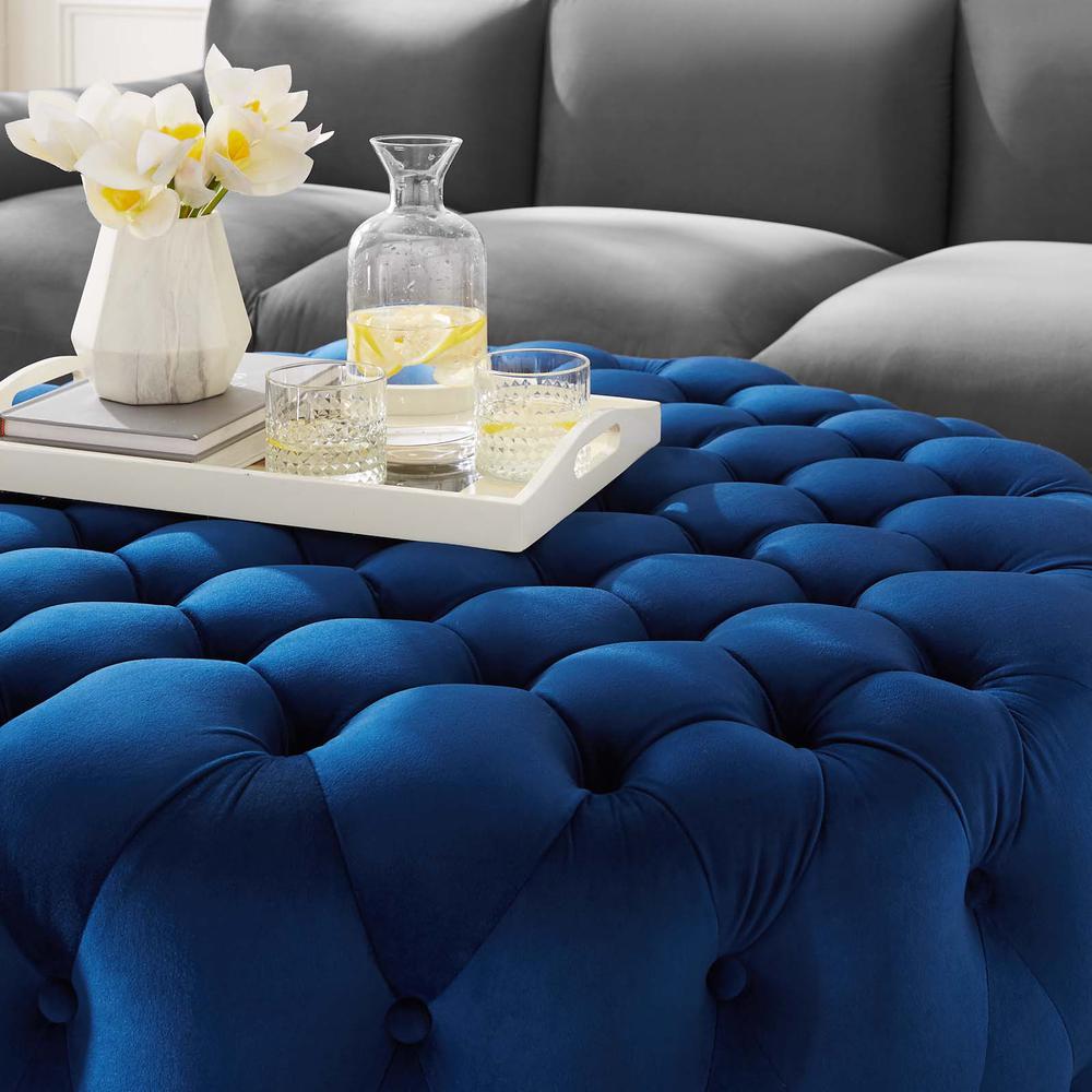 Amour Tufted Button Large Round Performance Velvet Ottoman. Picture 4