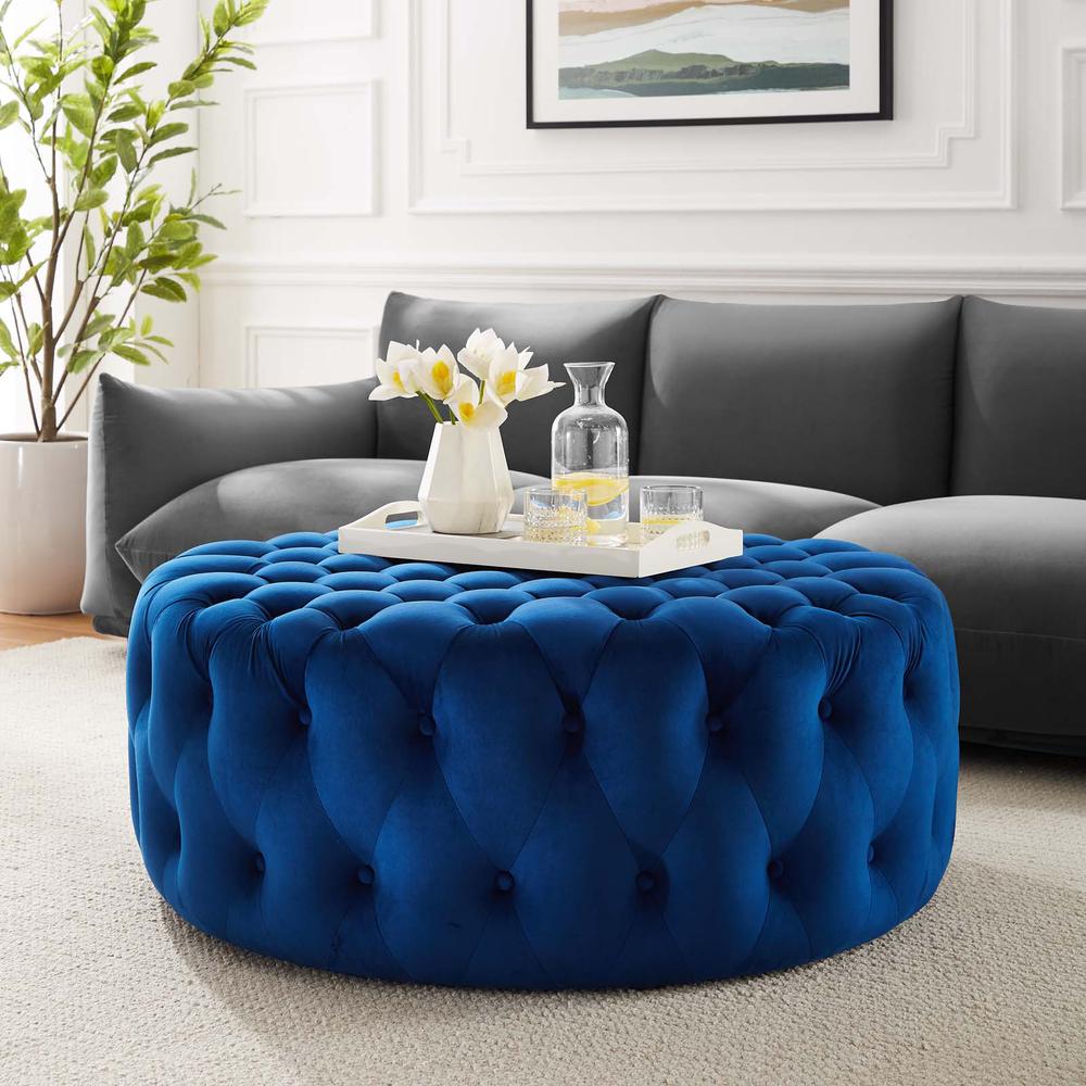 Amour Tufted Button Large Round Performance Velvet Ottoman. Picture 6