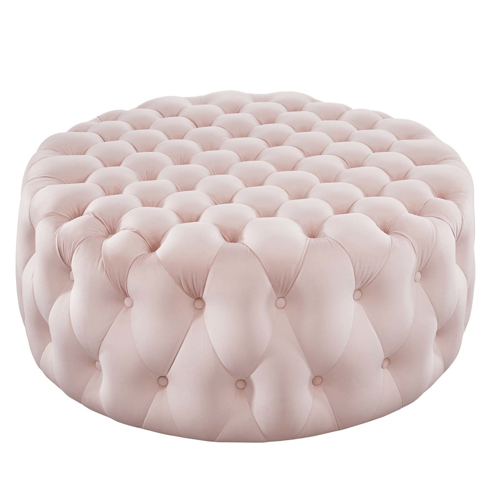 Amour Tufted Button Large Round Performance Velvet Ottoman. Picture 1
