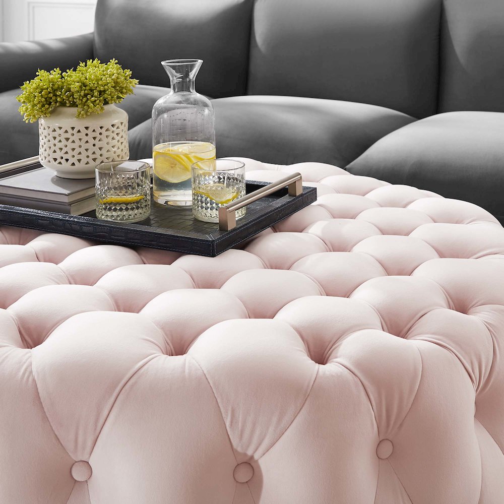 Amour Tufted Button Large Round Performance Velvet Ottoman. Picture 5