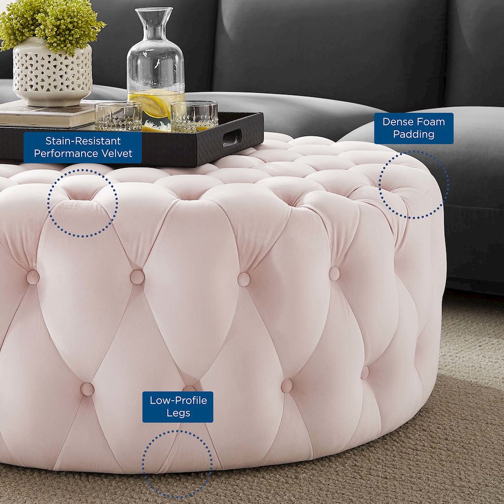 Amour Tufted Button Large Round Performance Velvet Ottoman. Picture 6