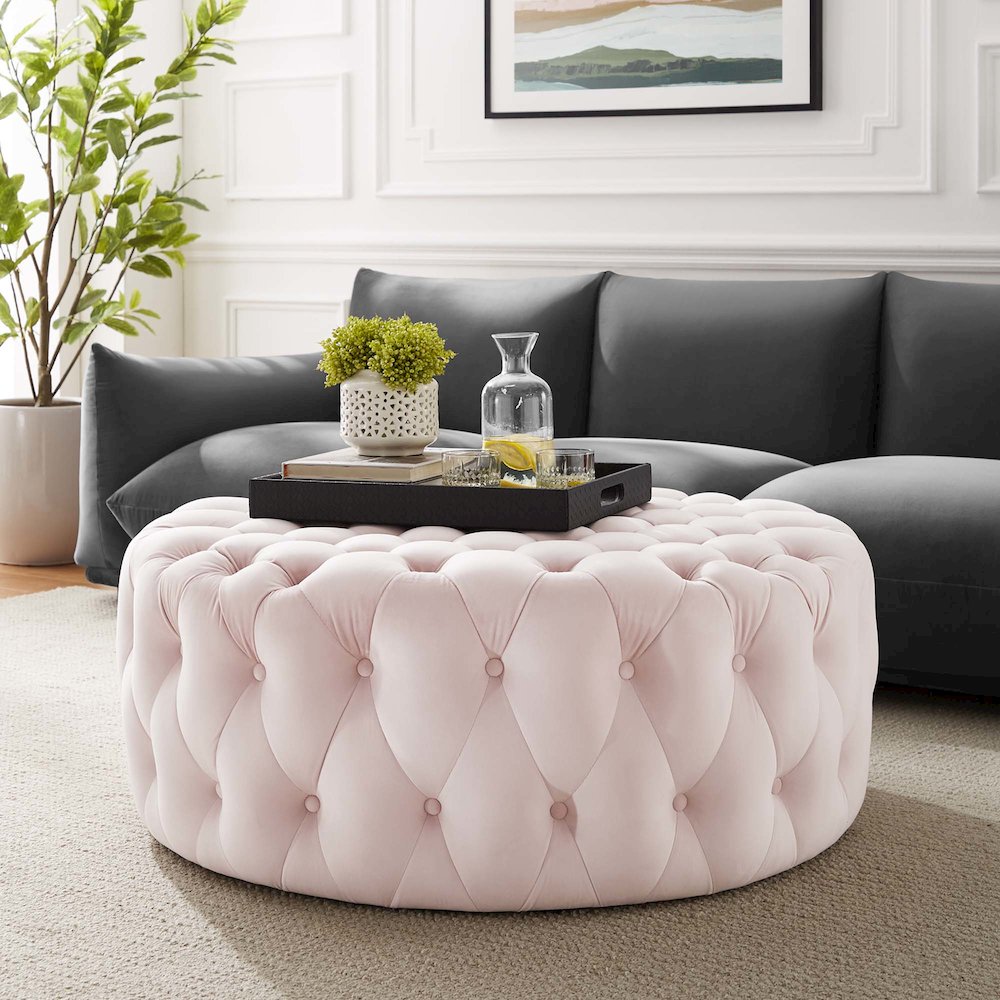 Amour Tufted Button Large Round Performance Velvet Ottoman. Picture 4