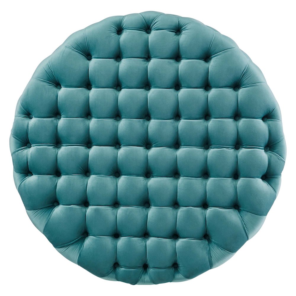 Amour Tufted Button Large Round Performance Velvet Ottoman. Picture 3