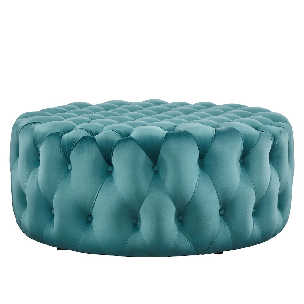 Amour Tufted Button Large Round Performance Velvet Ottoman. Picture 2