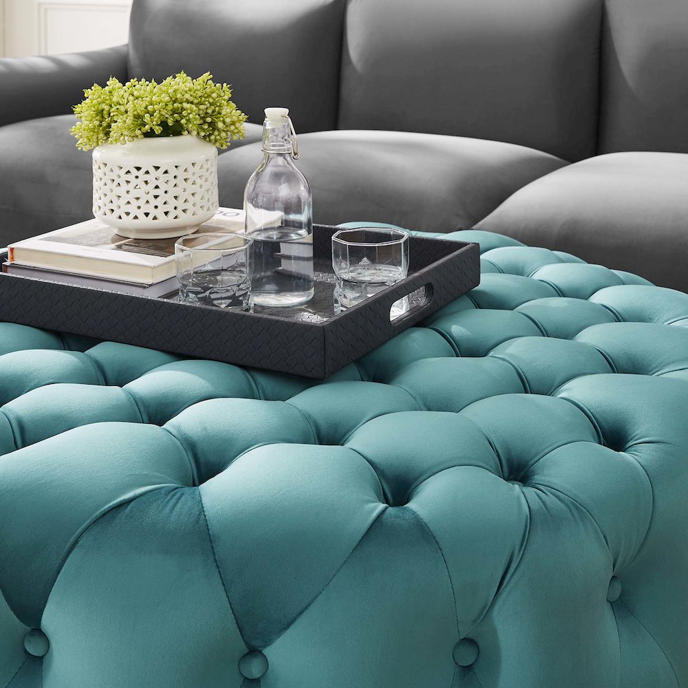 Amour Tufted Button Large Round Performance Velvet Ottoman. Picture 5